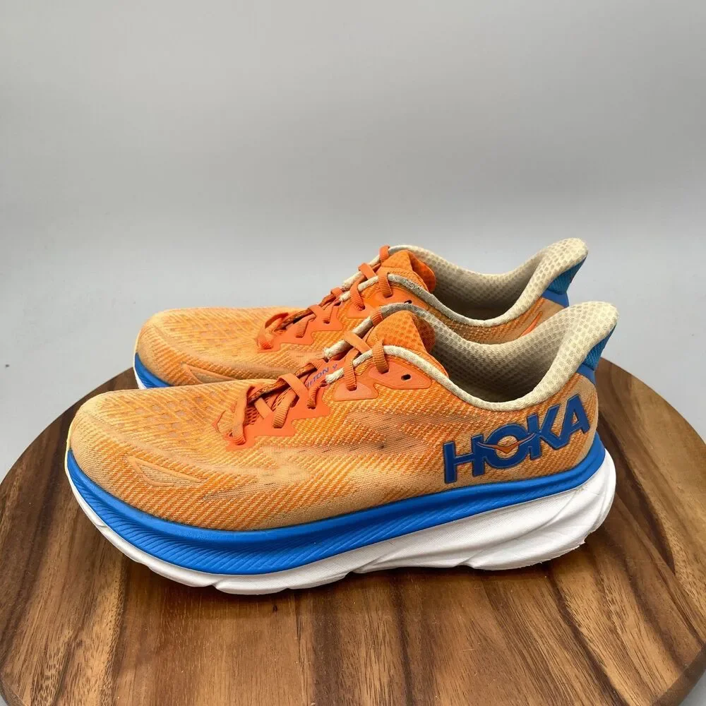 Hoka One One Clifton 9 Shoes Mens Size 9.5 2E Orange Running Comfort Walking Gym